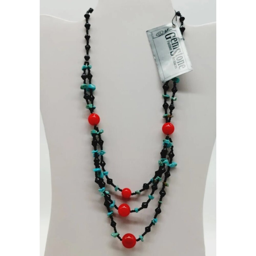 Turquoise Chips & Black Red Plastic Beads Necklace Gemstone Brand 18"